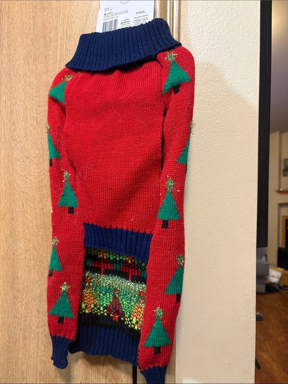 Holiday Dog Sweater - Red with Green & Yellow Trees